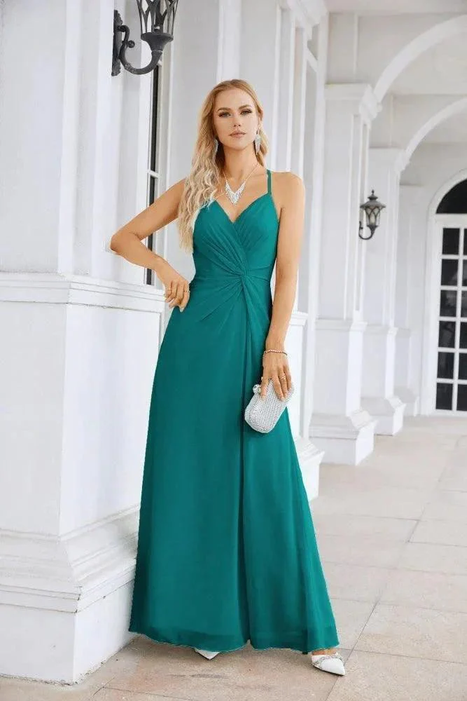 Ladies Chiffon Spaghetti Strap V Neck Front Slit Floor Length Bridesmaid Evening Dress Prom Party Wedding Evening Dress 28116 - Image 89