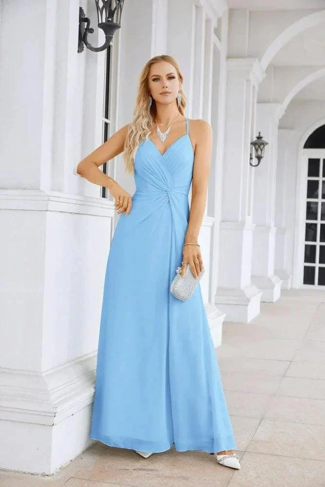 Ladies Chiffon Spaghetti Strap V Neck Front Slit Floor Length Bridesmaid Evening Dress Prom Party Wedding Evening Dress 28116 - Image 9