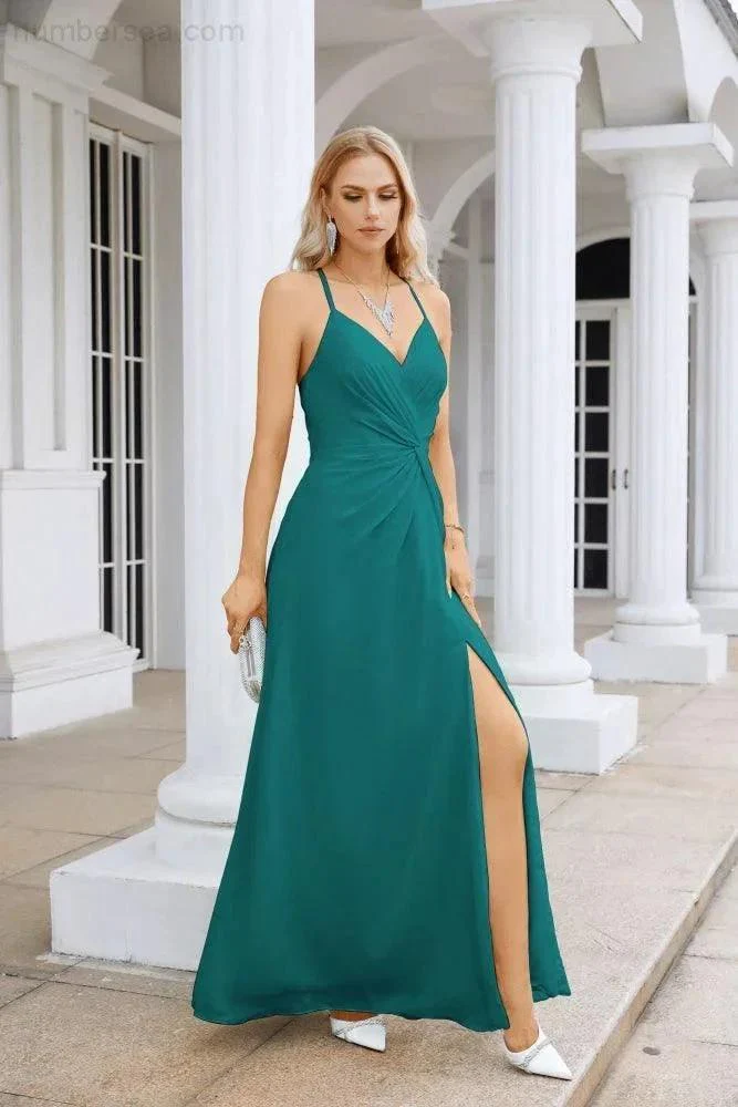 Ladies Chiffon Spaghetti Strap V Neck Front Slit Floor Length Bridesmaid Evening Dress Prom Party Wedding Evening Dress 28116 - Image 91