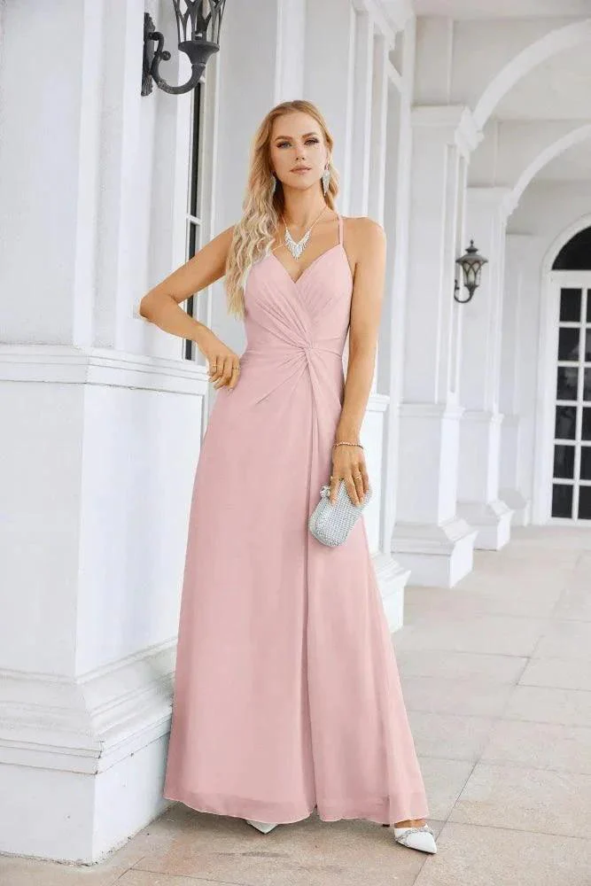 Ladies Chiffon Spaghetti Strap V Neck Front Slit Floor Length Bridesmaid Evening Dress Prom Party Wedding Evening Dress 28116 - Image 93