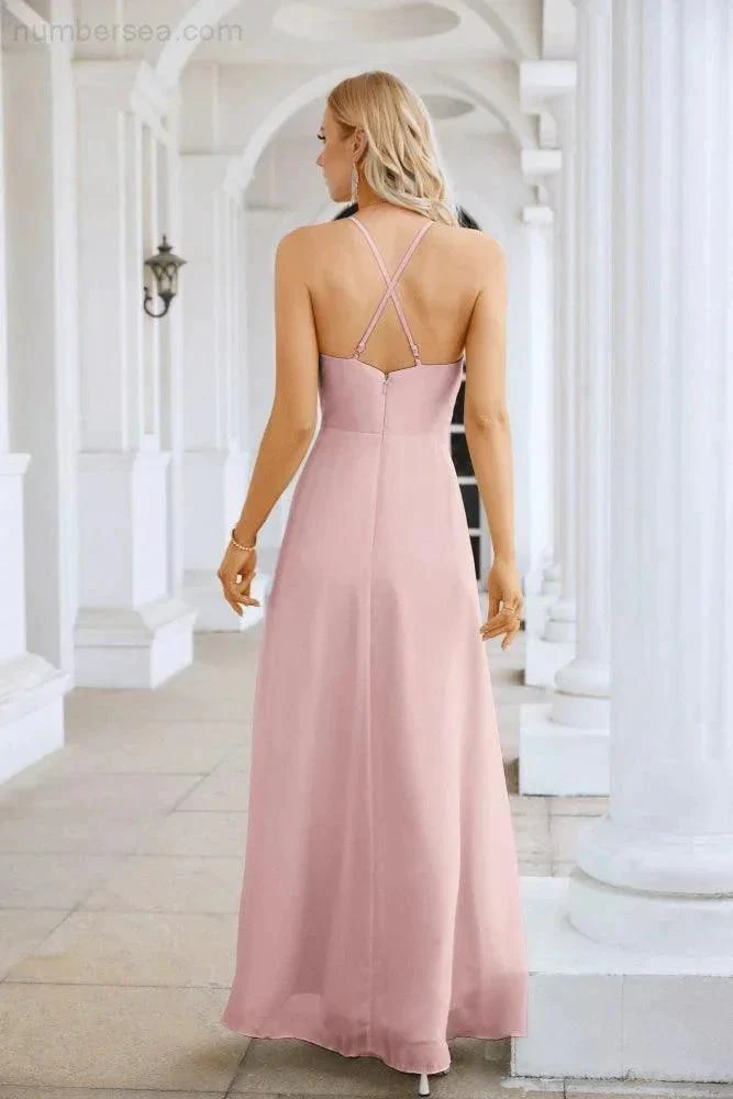 Ladies Chiffon Spaghetti Strap V Neck Front Slit Floor Length Bridesmaid Evening Dress Prom Party Wedding Evening Dress 28116 - Image 94