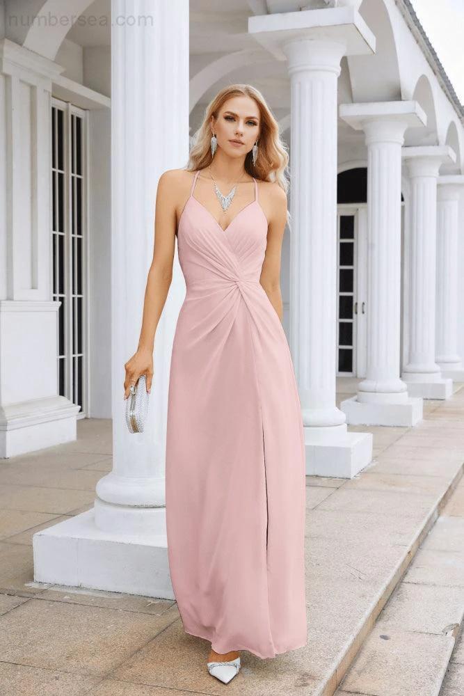 Ladies Chiffon Spaghetti Strap V Neck Front Slit Floor Length Bridesmaid Evening Dress Prom Party Wedding Evening Dress 28116 - Image 96