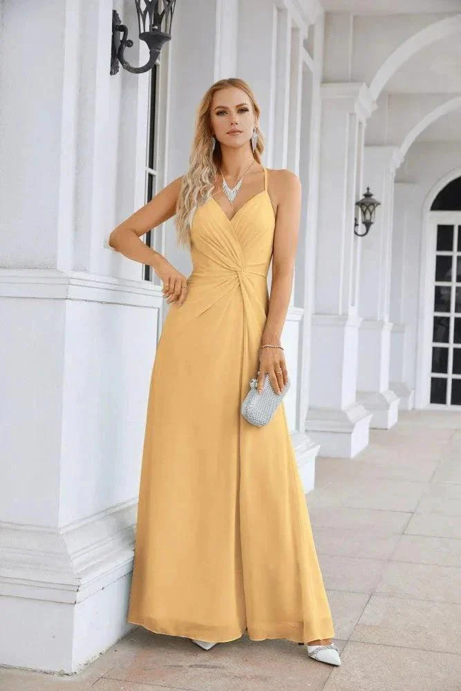 Ladies Chiffon Spaghetti Strap V Neck Front Slit Floor Length Bridesmaid Evening Dress Prom Party Wedding Evening Dress 28116 - Image 97