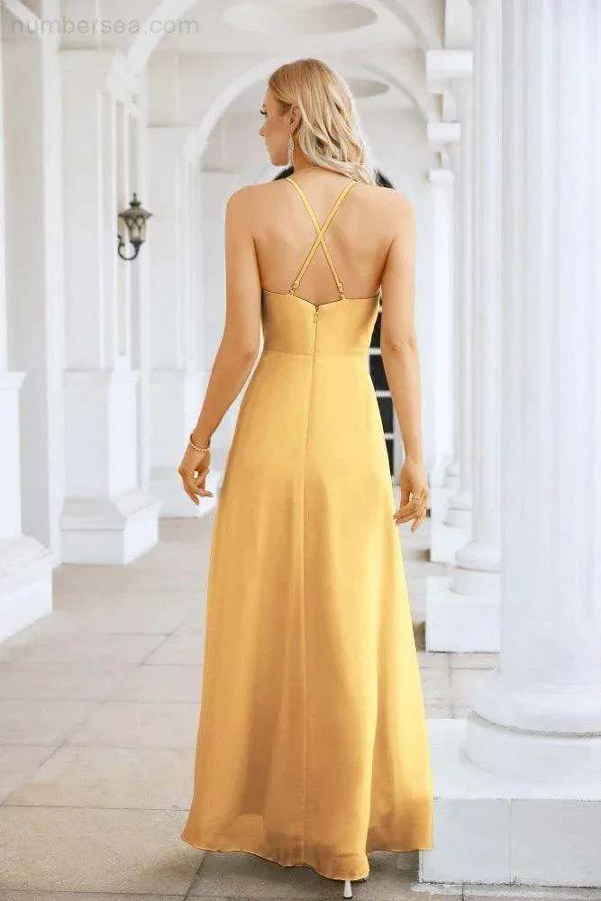 Ladies Chiffon Spaghetti Strap V Neck Front Slit Floor Length Bridesmaid Evening Dress Prom Party Wedding Evening Dress 28116 - Image 98