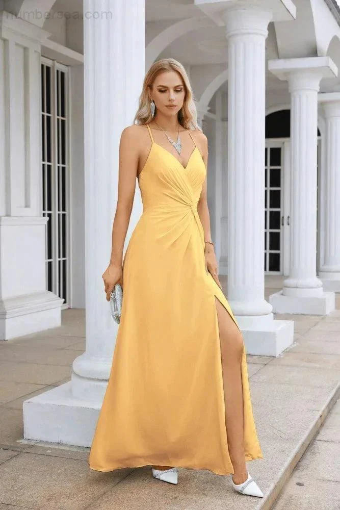 Ladies Chiffon Spaghetti Strap V Neck Front Slit Floor Length Bridesmaid Evening Dress Prom Party Wedding Evening Dress 28116 - Image 99