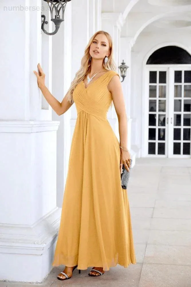 Ladies Chiffon V Neck Sleeveless Floor Length Bridesmaid Evening Dress Wedding Party Evening Dress 28126 - Image 100
