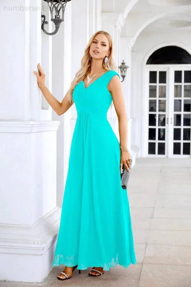 Ladies Chiffon V Neck Sleeveless Floor Length Bridesmaid Evening Dress Wedding Party Evening Dress 28126 - Image 104