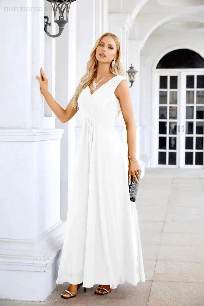 Ladies Chiffon V Neck Sleeveless Floor Length Bridesmaid Evening Dress Wedding Party Evening Dress 28126 - Image 108