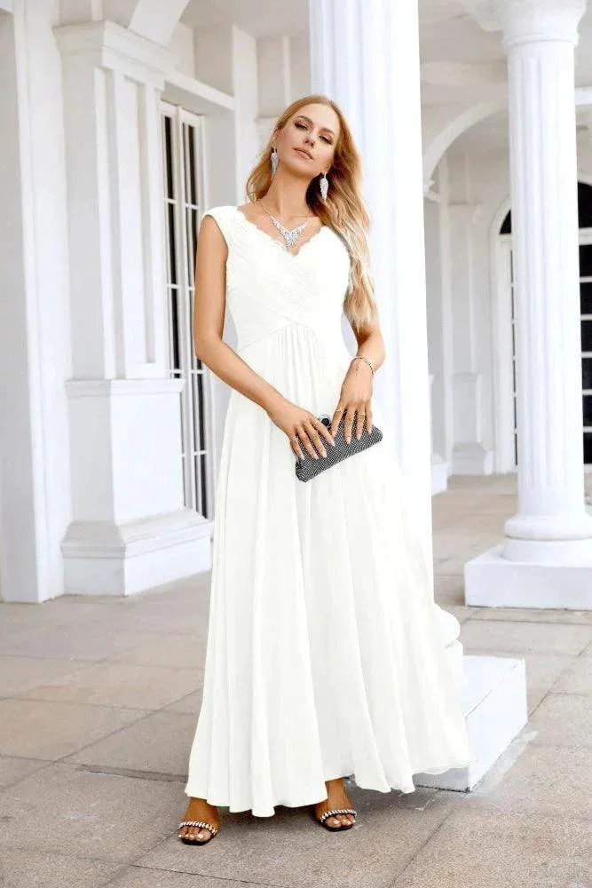 Ladies Chiffon V Neck Sleeveless Floor Length Bridesmaid Evening Dress Wedding Party Evening Dress 28126 - Image 109