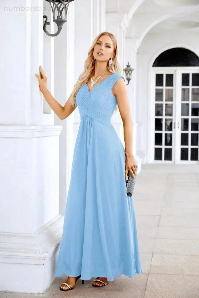 Ladies Chiffon V Neck Sleeveless Floor Length Bridesmaid Evening Dress Wedding Party Evening Dress 28126 - Image 12