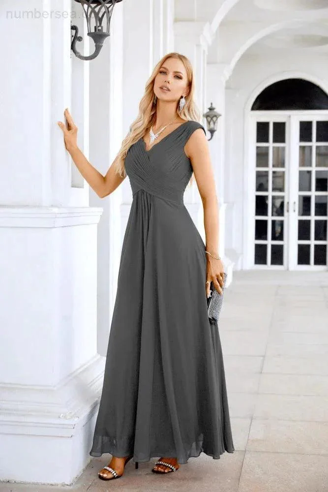 Ladies Chiffon V Neck Sleeveless Floor Length Bridesmaid Evening Dress Wedding Party Evening Dress 28126 - Image 120