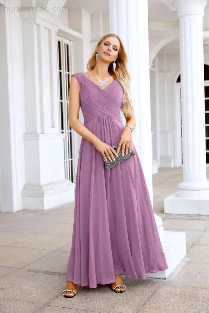 Ladies Chiffon V Neck Sleeveless Floor Length Bridesmaid Evening Dress Wedding Party Evening Dress 28126 - Image 125