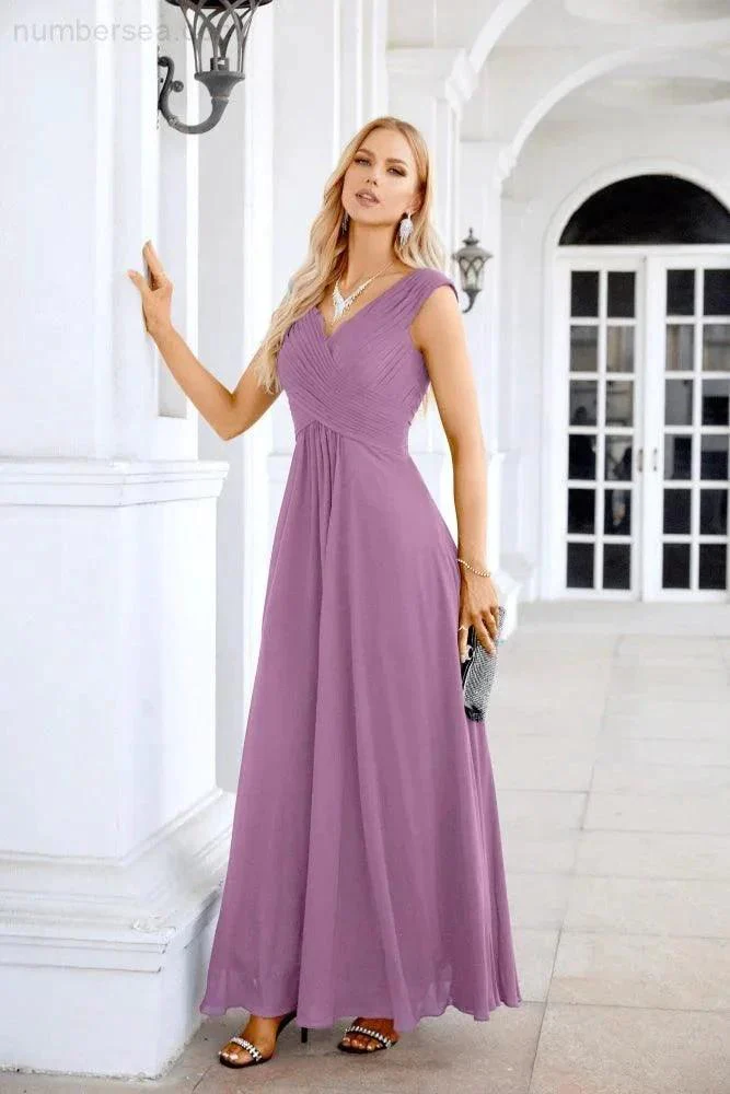 Ladies Chiffon V Neck Sleeveless Floor Length Bridesmaid Evening Dress Wedding Party Evening Dress 28126 - Image 128