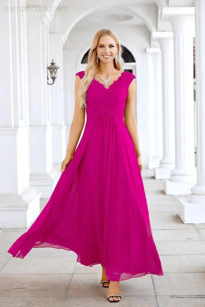 Ladies Chiffon V Neck Sleeveless Floor Length Bridesmaid Evening Dress Wedding Party Evening Dress 28126 - Image 135