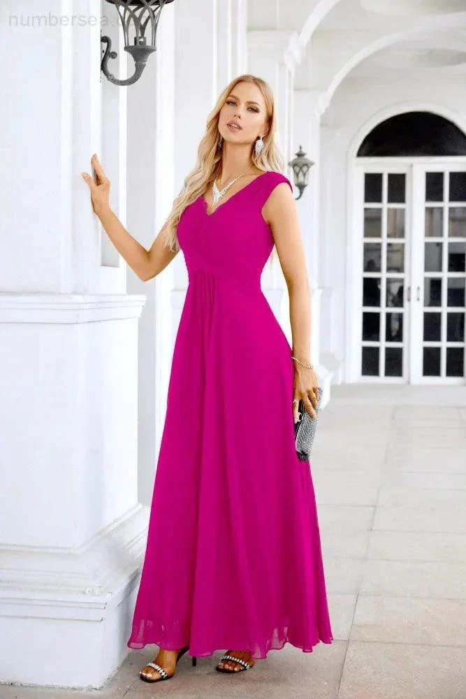 Ladies Chiffon V Neck Sleeveless Floor Length Bridesmaid Evening Dress Wedding Party Evening Dress 28126 - Image 136