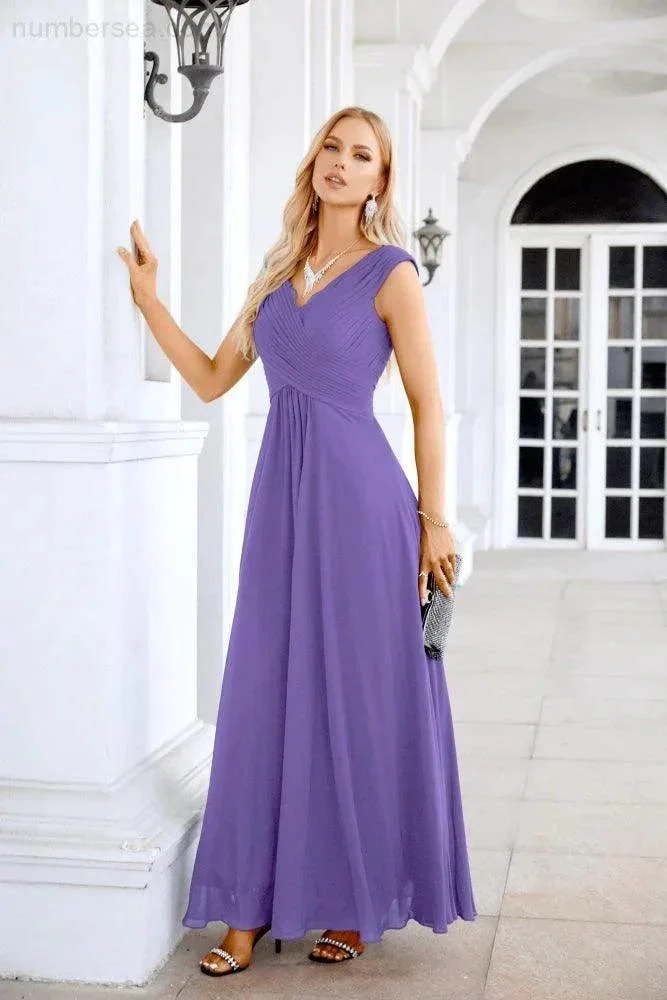 Ladies Chiffon V Neck Sleeveless Floor Length Bridesmaid Evening Dress Wedding Party Evening Dress 28126 - Image 148