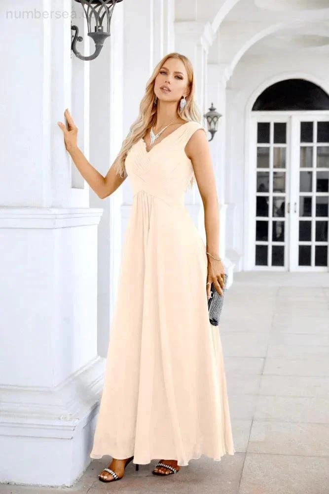 Ladies Chiffon V Neck Sleeveless Floor Length Bridesmaid Evening Dress Wedding Party Evening Dress 28126 - Image 152