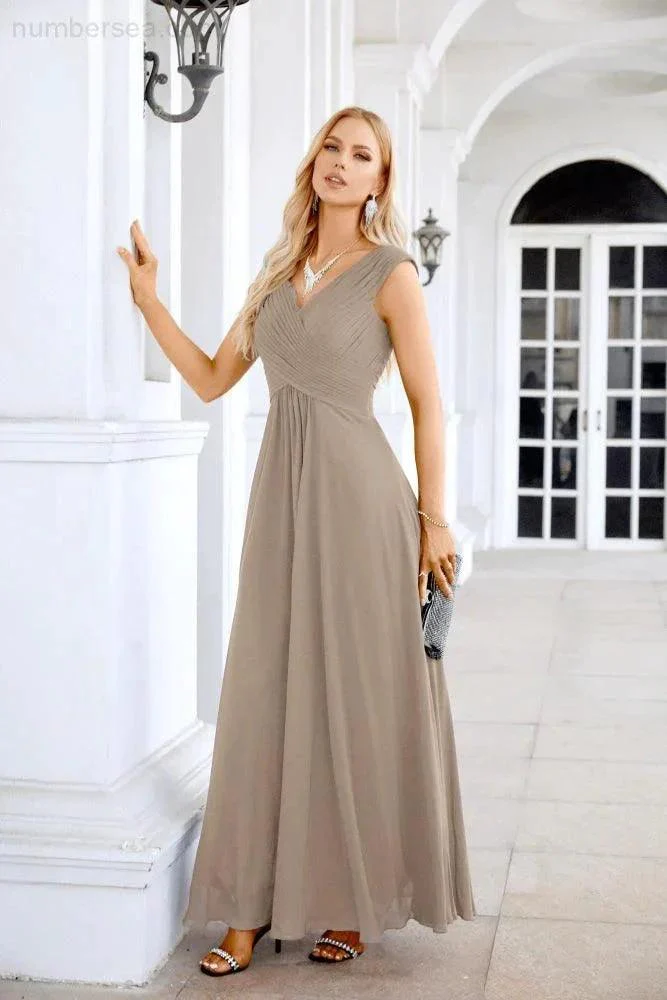 Ladies Chiffon V Neck Sleeveless Floor Length Bridesmaid Evening Dress Wedding Party Evening Dress 28126 - Image 156