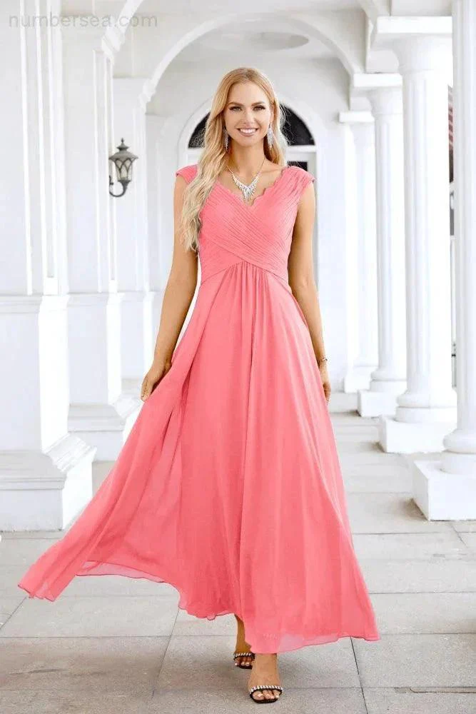Ladies Chiffon V Neck Sleeveless Floor Length Bridesmaid Evening Dress Wedding Party Evening Dress 28126 - Image 159