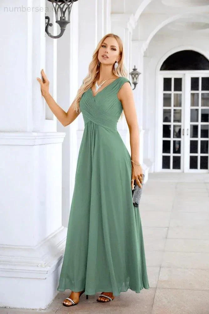 Ladies Chiffon V Neck Sleeveless Floor Length Bridesmaid Evening Dress Wedding Party Evening Dress 28126 - Image 16