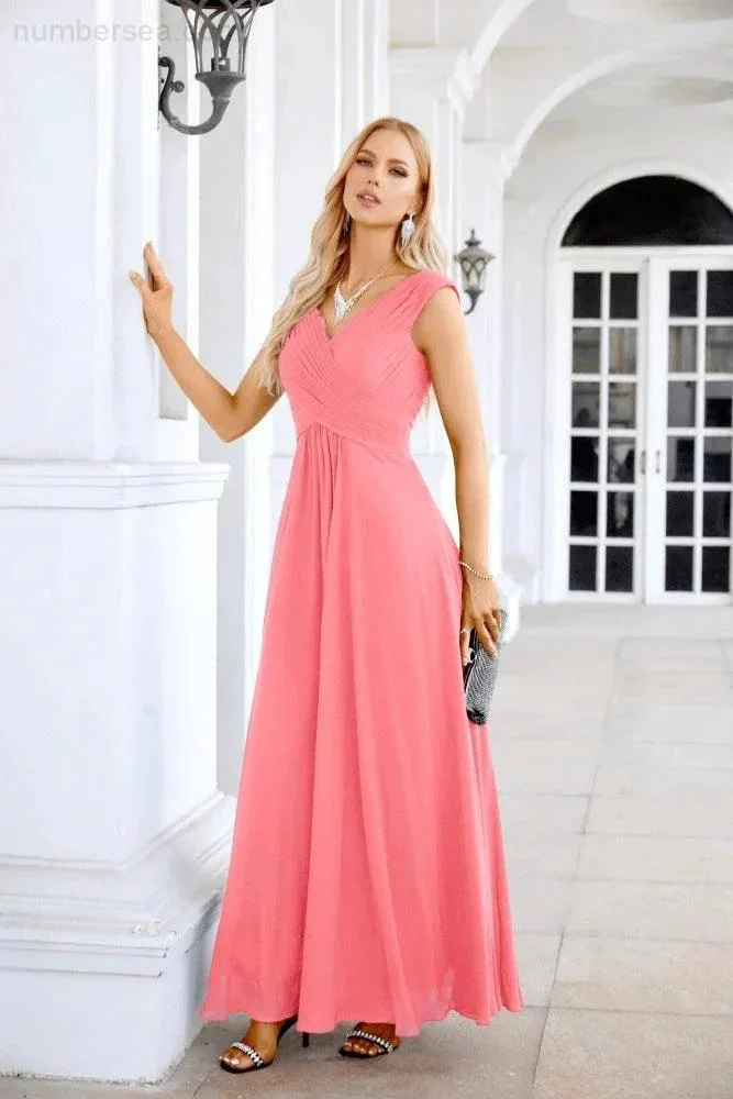 Ladies Chiffon V Neck Sleeveless Floor Length Bridesmaid Evening Dress Wedding Party Evening Dress 28126 - Image 160