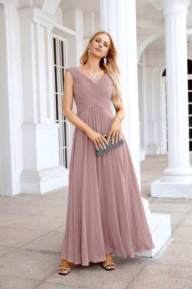 Ladies Chiffon V Neck Sleeveless Floor Length Bridesmaid Evening Dress Wedding Party Evening Dress 28126 - Image 165