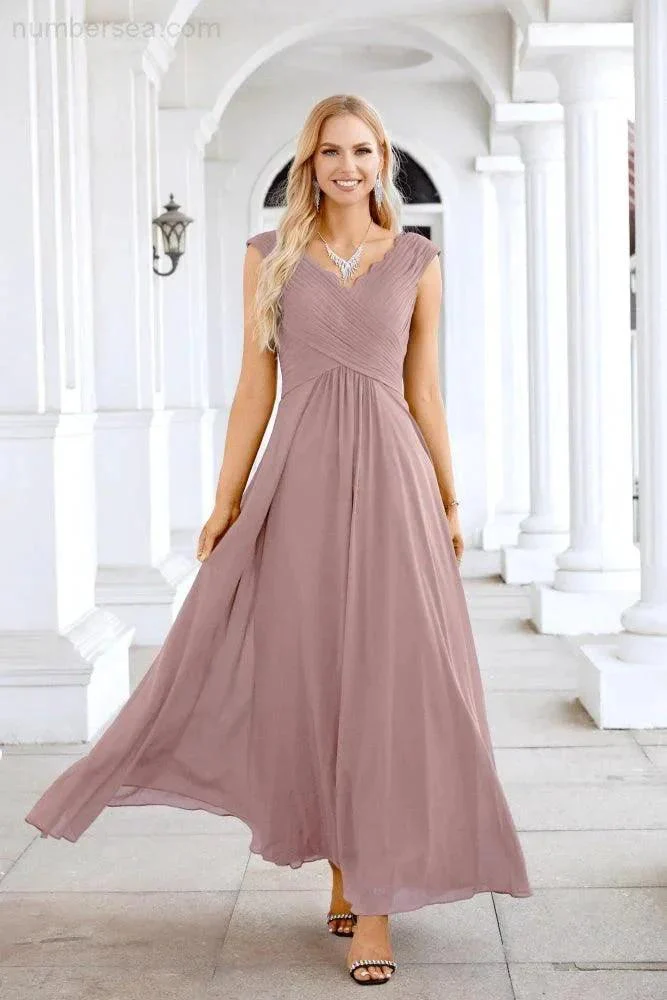 Ladies Chiffon V Neck Sleeveless Floor Length Bridesmaid Evening Dress Wedding Party Evening Dress 28126 - Image 167