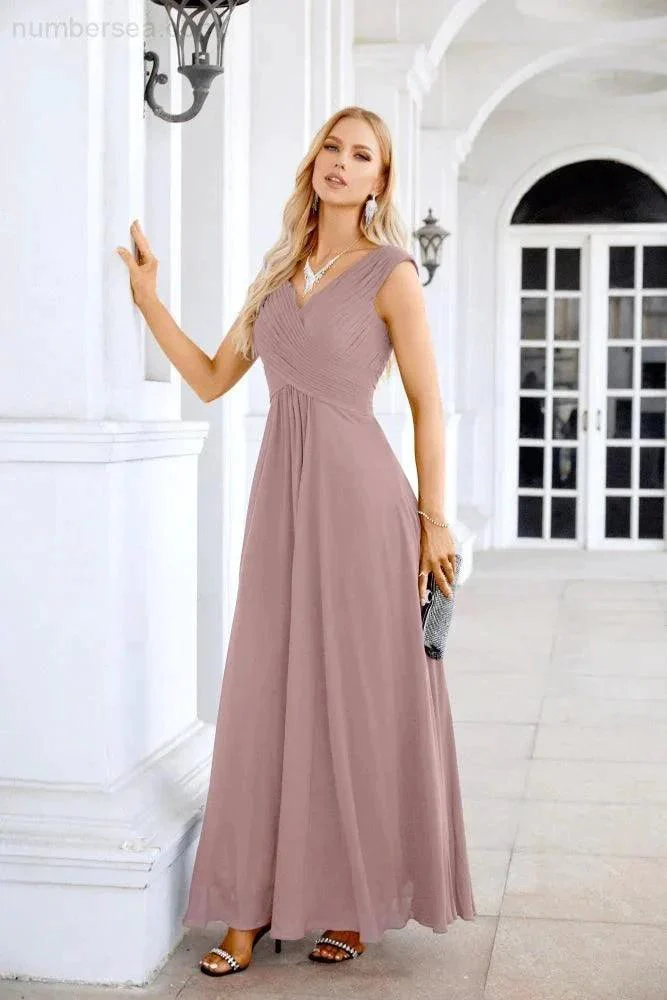 Ladies Chiffon V Neck Sleeveless Floor Length Bridesmaid Evening Dress Wedding Party Evening Dress 28126 - Image 168