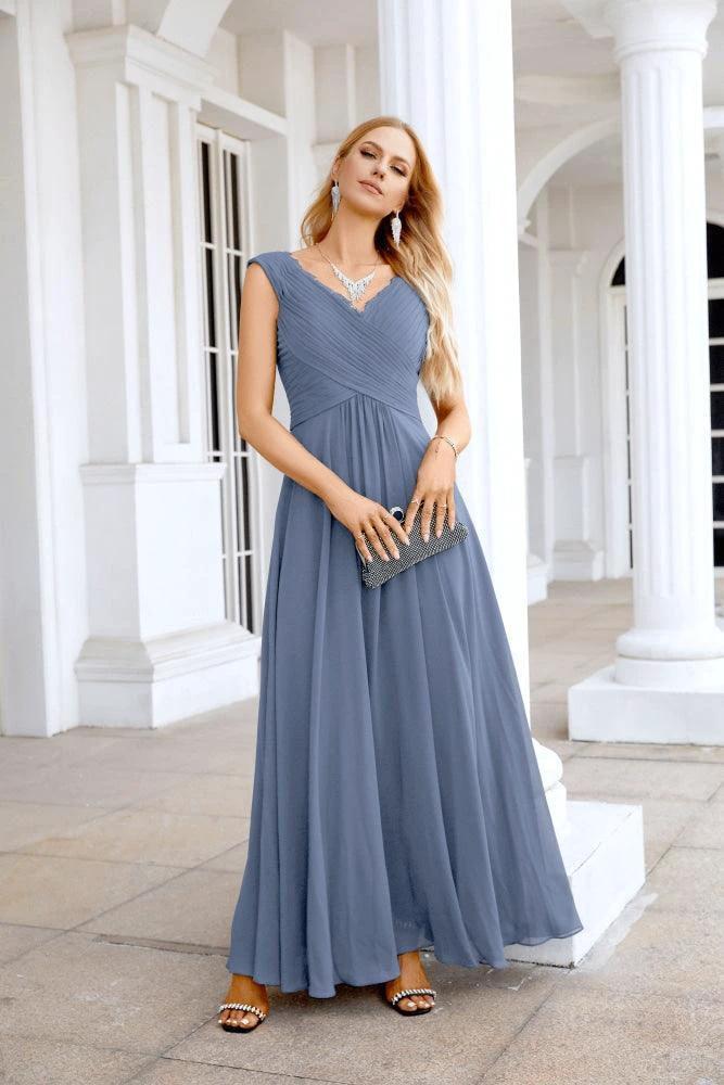 Ladies Chiffon V Neck Sleeveless Floor Length Bridesmaid Evening Dress Wedding Party Evening Dress 28126 - Image 173