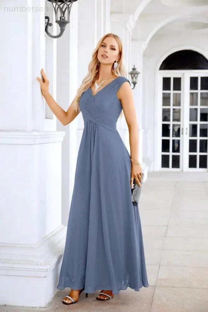 Ladies Chiffon V Neck Sleeveless Floor Length Bridesmaid Evening Dress Wedding Party Evening Dress 28126 - Image 176