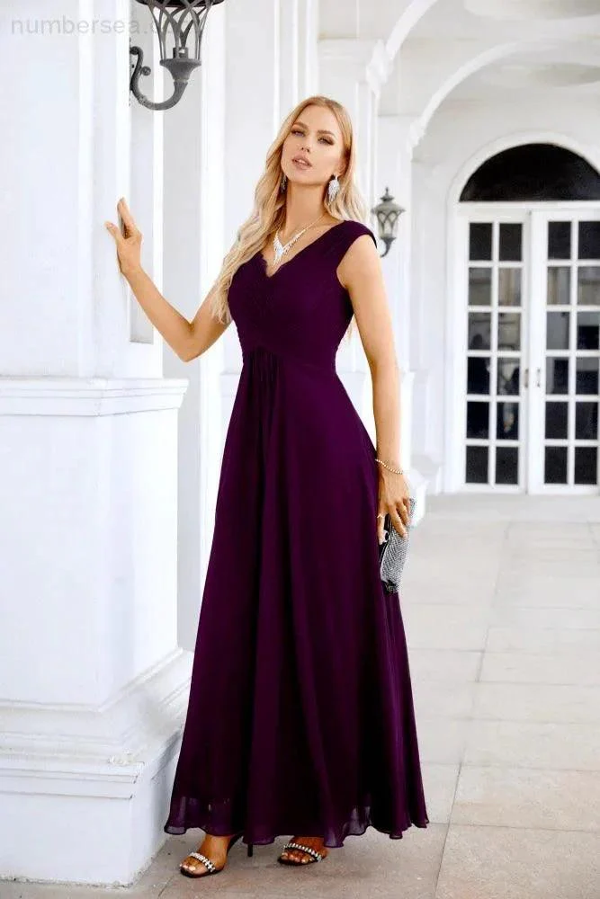 Ladies Chiffon V Neck Sleeveless Floor Length Bridesmaid Evening Dress Wedding Party Evening Dress 28126 - Image 180