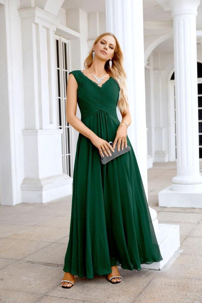 Ladies Chiffon V Neck Sleeveless Floor Length Bridesmaid Evening Dress Wedding Party Evening Dress 28126 - Image 185