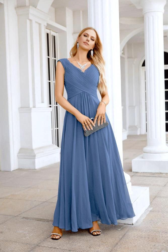 Ladies Chiffon V Neck Sleeveless Floor Length Bridesmaid Evening Dress Wedding Party Evening Dress 28126 - Image 189