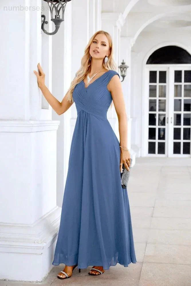 Ladies Chiffon V Neck Sleeveless Floor Length Bridesmaid Evening Dress Wedding Party Evening Dress 28126 - Image 192