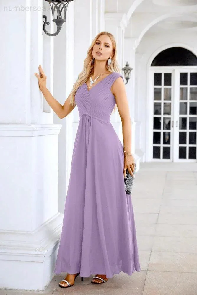 Ladies Chiffon V Neck Sleeveless Floor Length Bridesmaid Evening Dress Wedding Party Evening Dress 28126 - Image 196