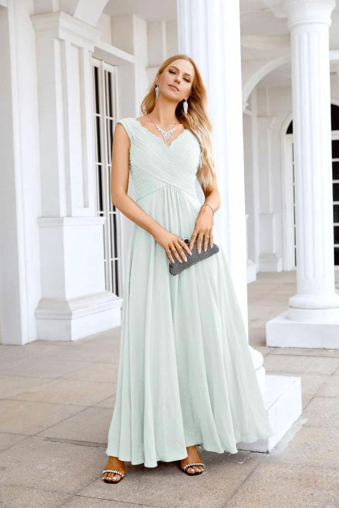 Ladies Chiffon V Neck Sleeveless Floor Length Bridesmaid Evening Dress Wedding Party Evening Dress 28126 - Image 197