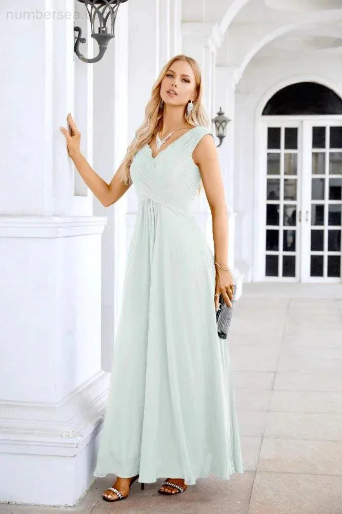 Ladies Chiffon V Neck Sleeveless Floor Length Bridesmaid Evening Dress Wedding Party Evening Dress 28126 - Image 200