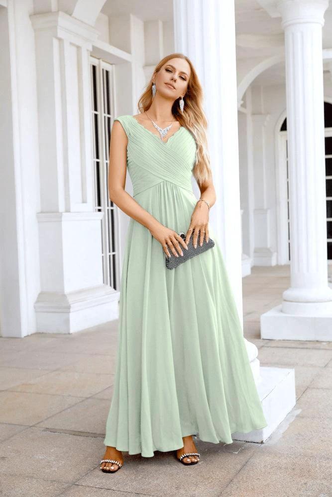 Ladies Chiffon V Neck Sleeveless Floor Length Bridesmaid Evening Dress Wedding Party Evening Dress 28126 - Image 201