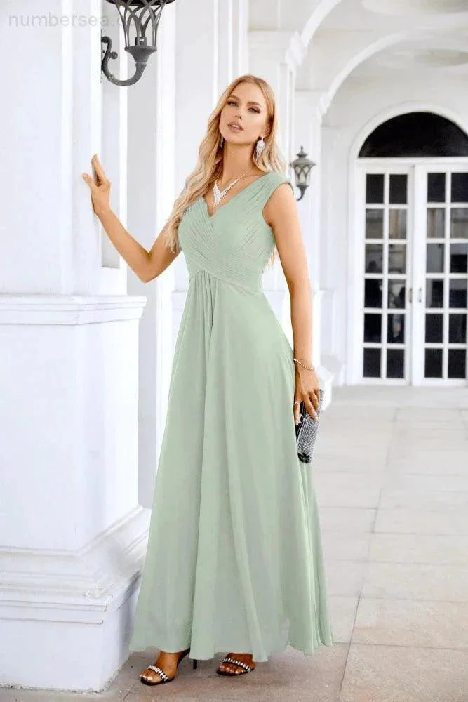Ladies Chiffon V Neck Sleeveless Floor Length Bridesmaid Evening Dress Wedding Party Evening Dress 28126 - Image 204