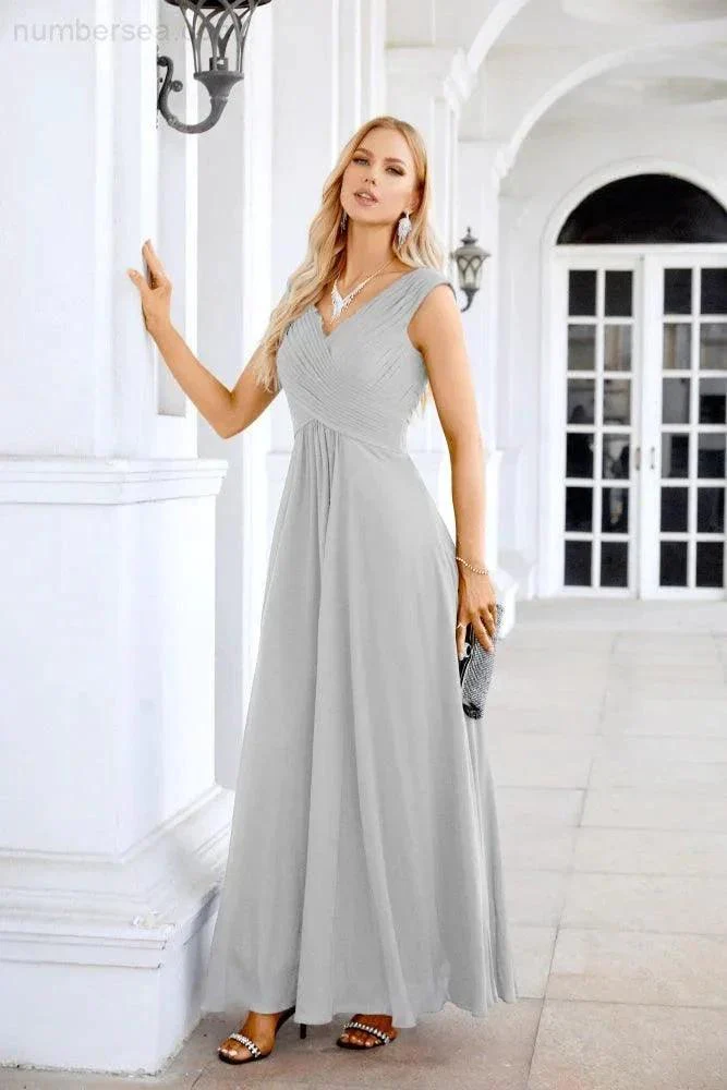 Ladies Chiffon V Neck Sleeveless Floor Length Bridesmaid Evening Dress Wedding Party Evening Dress 28126 - Image 208