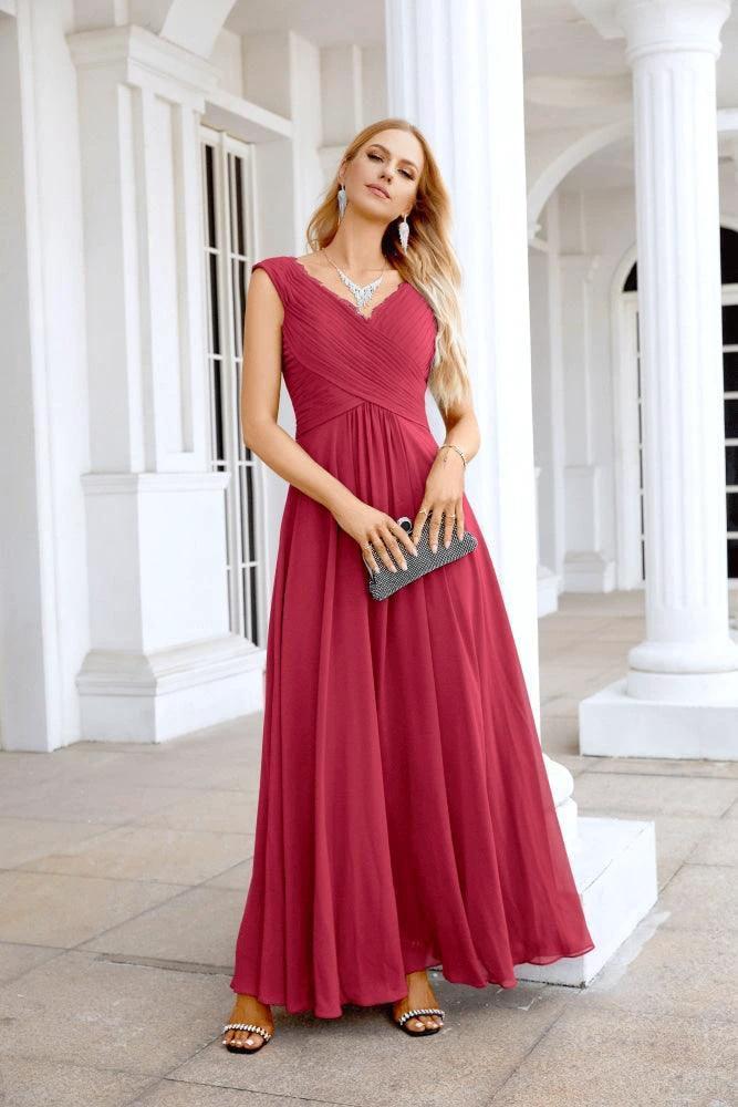 Ladies Chiffon V Neck Sleeveless Floor Length Bridesmaid Evening Dress Wedding Party Evening Dress 28126 - Image 209