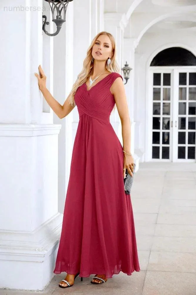 Ladies Chiffon V Neck Sleeveless Floor Length Bridesmaid Evening Dress Wedding Party Evening Dress 28126 - Image 212