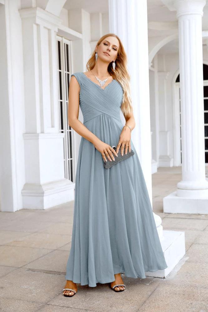 Ladies Chiffon V Neck Sleeveless Floor Length Bridesmaid Evening Dress Wedding Party Evening Dress 28126 - Image 213
