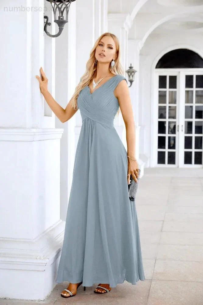 Ladies Chiffon V Neck Sleeveless Floor Length Bridesmaid Evening Dress Wedding Party Evening Dress 28126 - Image 216