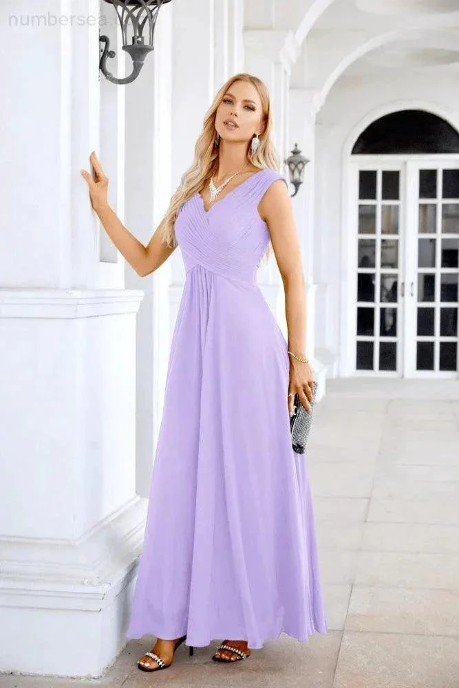 Ladies Chiffon V Neck Sleeveless Floor Length Bridesmaid Evening Dress Wedding Party Evening Dress 28126 - Image 28
