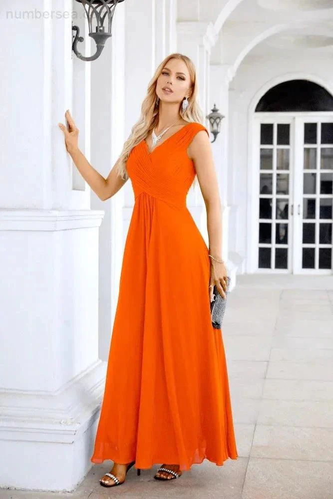 Ladies Chiffon V Neck Sleeveless Floor Length Bridesmaid Evening Dress Wedding Party Evening Dress 28126 - Image 32