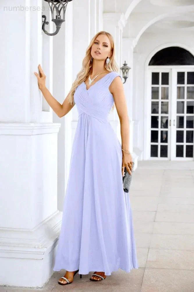 Ladies Chiffon V Neck Sleeveless Floor Length Bridesmaid Evening Dress Wedding Party Evening Dress 28126 - Image 36