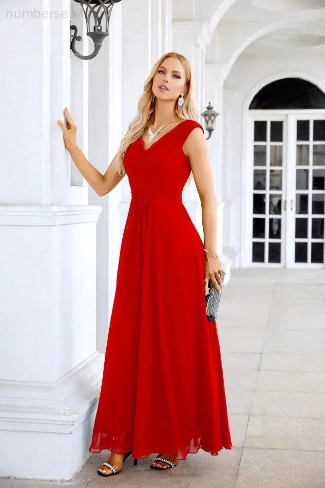 Ladies Chiffon V Neck Sleeveless Floor Length Bridesmaid Evening Dress Wedding Party Evening Dress 28126 - Image 4