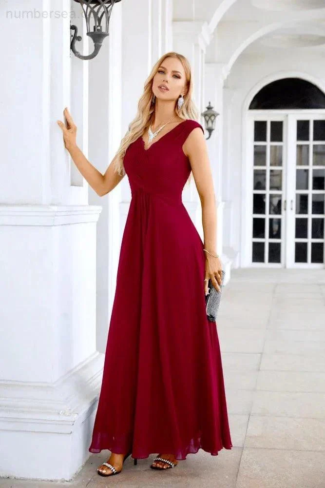 Ladies Chiffon V Neck Sleeveless Floor Length Bridesmaid Evening Dress Wedding Party Evening Dress 28126 - Image 40