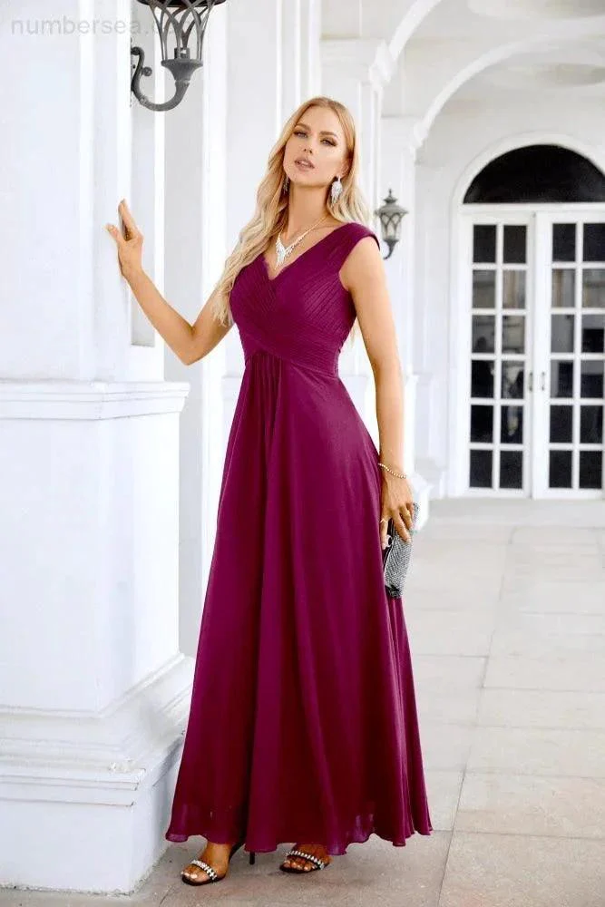 Ladies Chiffon V Neck Sleeveless Floor Length Bridesmaid Evening Dress Wedding Party Evening Dress 28126 - Image 42